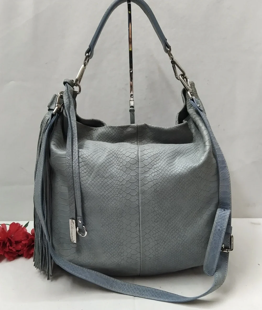 Gianni Chiarini Light Blue Leather Snakeskin Embossed Tassel Hobo Shoulder Bag